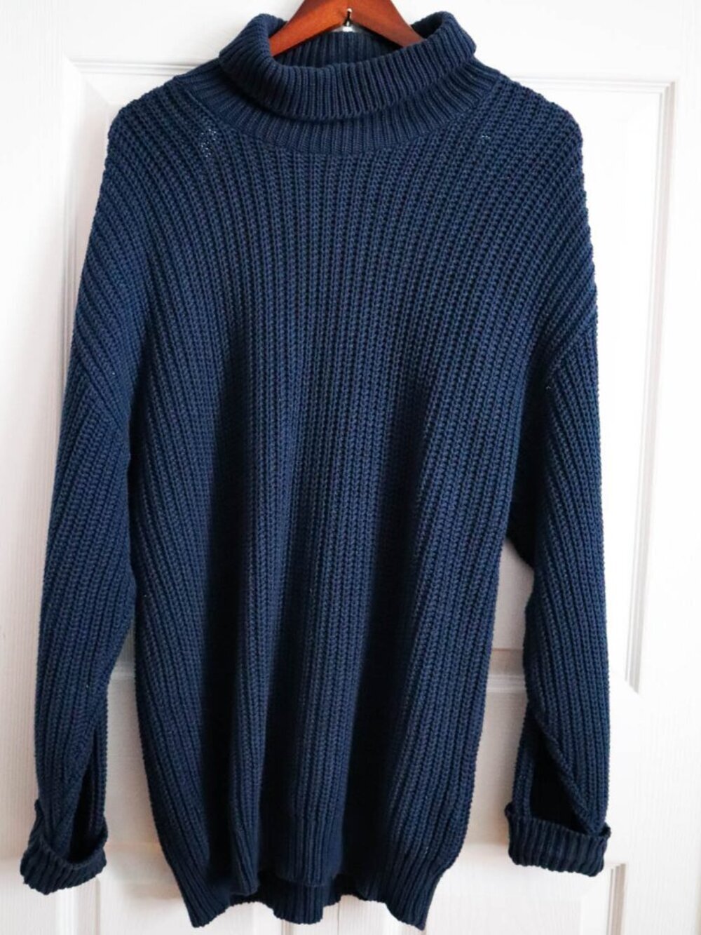 Orvis Cowl Neck Ribbed Knit Sweater 100% Cotton Blue Women's Sz L Made in USA
